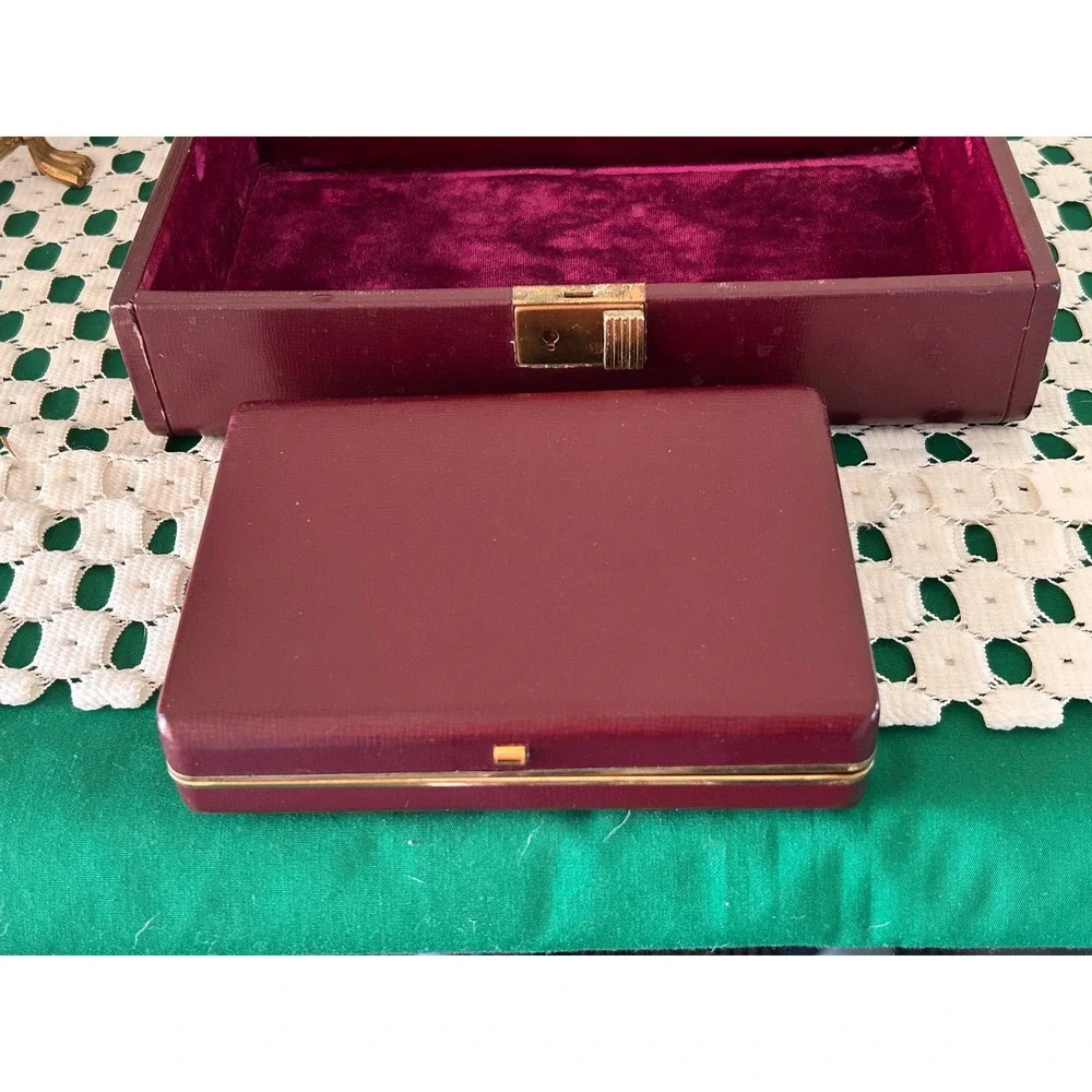 Vintage Farrington Faux‎ Leather Jewelry Box Set Gold Filigree Monogram with Key